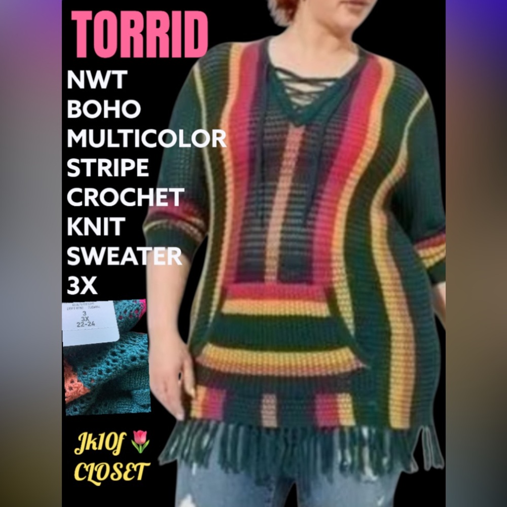 LOWEST🌺 NWT Torrid 3X BOHO CROCHET KNIT Multicolor Stripe V-Neck SWEATER